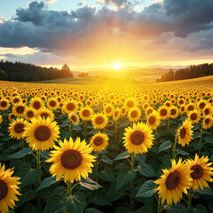 Obraz premium An expansive field of sunflowers under a dramatic summer sky at sunrise. AI-generated