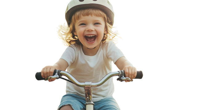 A joyful toddler wearing a helmet rides a bicycle, smiling widely with excitement and enthusiasm.
