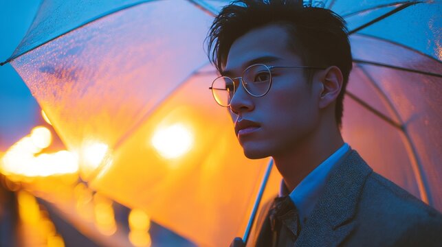 a chinese young man wearing suit, holding an opened umbrella in rainy day, the city is in a twilight hue, took on an otherworldly glow