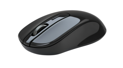 A sleek black wireless computer mouse with a scroll wheel and ergonomic design for comfortable hand use.
