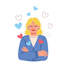 Smiling senior woman with arms crossed, surrounded by hearts, expressing peace and contentment.