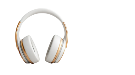 Modern over-ear headphones with a white and gold color scheme featuring cushioned ear cups and a sleek, stylish design.