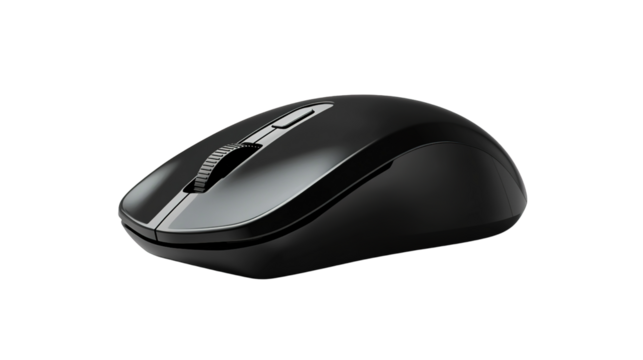 A sleek black wireless computer mouse with a scroll wheel and ergonomic design.