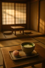 Serene Japanese tatami room with sunlight filtering through shoji screens, featuring matcha latte and wagashi on a wooden table.
