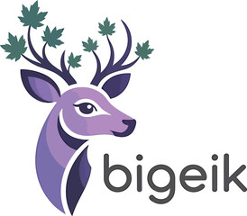 A stylized purple deer head with antlers featuring green maple leaves, accompanied by the word 