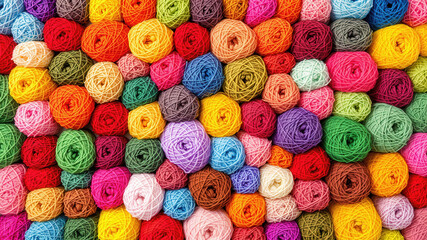 This overhead, full frame image shows a collection of colorful yarn balls.