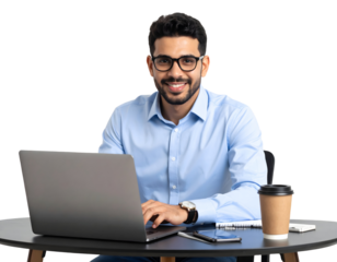 Man working on laptop at office desk with coffee, transparent background.