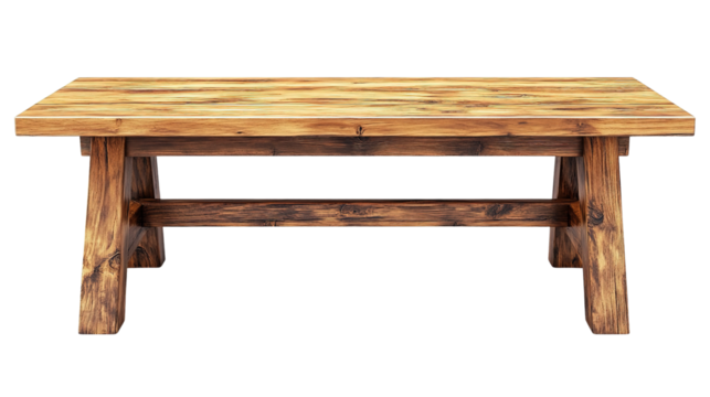 A rustic wooden table with a sturdy rectangular top and thick legs, showcasing natural wood grain and textured craftsmanship.