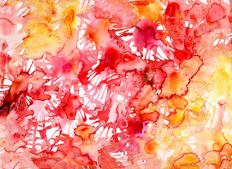 Spotted red yellow watercolor abstract textured pattern with spots, spatter and splash effect. Wrapping paper, package, packaging, printing.