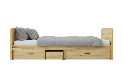 A wooden single bed frame with two under-bed drawers, equipped with a gray blanket and two pillows.