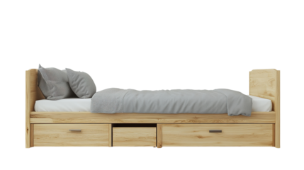 A wooden single bed frame with two under-bed drawers, equipped with a gray blanket and two pillows.