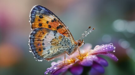 Fototapeta premium A close-up of a delicate butterfly perched on a colorful flower, with dewdrops on its wings, reflecting the morning light