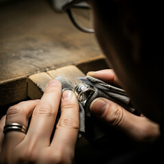 Artisan polishing silver ring, face out of frame