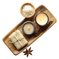 Fototapeta premium A wooden tray with a spa mask, exfoliating scrub, and a small candle beside them. isolate on transparent background