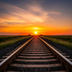 Obraz premium A beautiful landscape of straight railroad tracks leading towards a vibrant sunset.