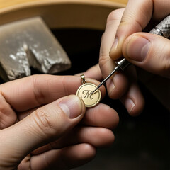 Engraving initials on pendant, cropped at hands