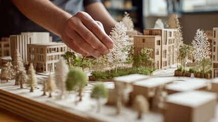 architect inspecting a model of a sustainable housing project in a green architecture design studio, Green architecture studio scene, Sustainable design style
