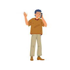 Calling Vector Man Waving with Smartphone Communication