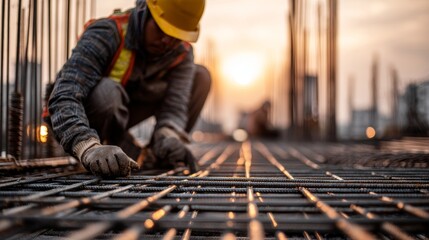 A construction worker kneeling and tying steel reinforcement bars on a building site, wearing a yellow hard hat, reflective safety vest, and protective gloves