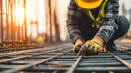 A construction worker kneeling and tying steel reinforcement bars on a building site, wearing a yellow hard hat, reflective safety vest, and protective gloves