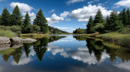 Obraz premium Serene lake surrounded by lush green trees reflects vibrant blue sky and fluffy clouds, creating peaceful atmosphere