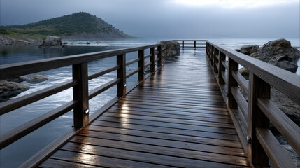 Obraz premium Serene wooden pier extends over calm waters, surrounded by rocky shores and misty landscape, evoking tranquility and peace