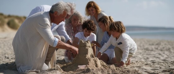 Family bonding on beach: multigenerational group building sandcastle together