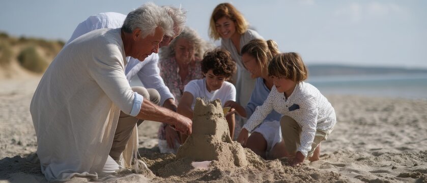 Family bonding on beach: multigenerational group building sandcastle together