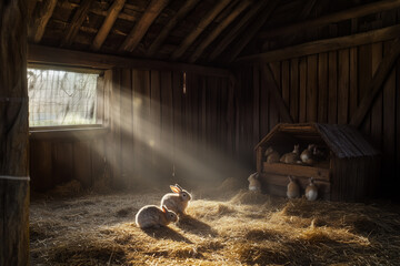 Rabbit den - rabbits sitting in a wooden hut, generated AI