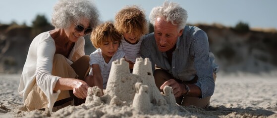 Elderly caucasian couple with young children building sandcastle on sunny beach