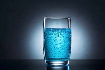 Glass of Blue Bubble Water on Reflective Surface with Radiant Backlight