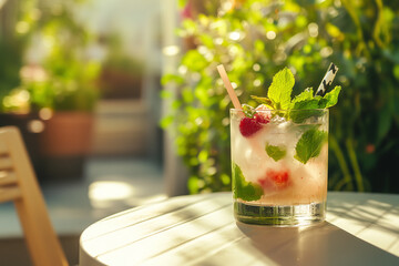 Summer cocktail with mint and fruit placed on a table, generated AI