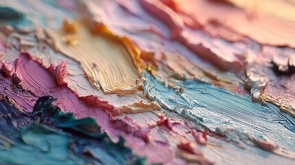 A detailed closeup showcasing the texture of thick, impasto paint strokes on a canvas, creating an aesthetic and artistic background with a palette of soft pastel colors that blend beautifully