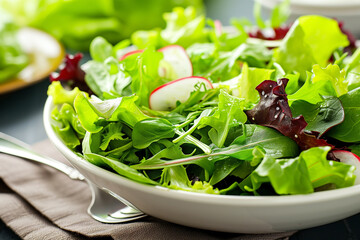 fresh green salad with spinach arugula romaine and lettuce, selective focus
