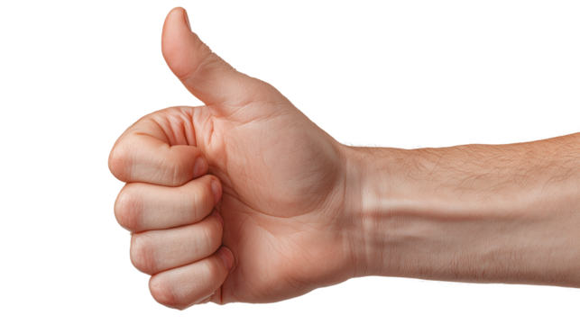 High resolution image of a male hand giving a thumbs up as a visualization of feedback, customer satisfaction, and positive experiences on a transparent background