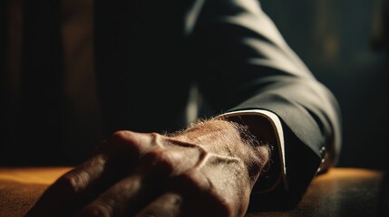 Obraz premium A dramatic close-up focusing intently on a man's well-dressed arm resting on a desk or chair armrest