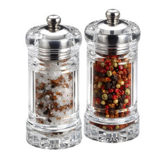 Elegant clear salt and pepper grinders with metal tops on a reflective surface for culinary use