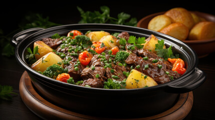 Traditional Black Clay Pot with Steaming Beef Stew, Garnished with Vegetables