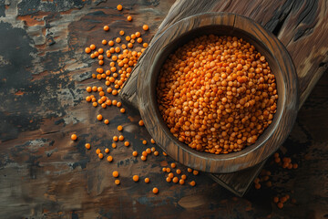 red lentils raw in bowl on wooden countertop, top view