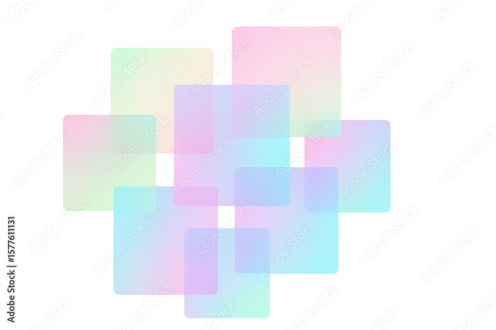 Poster pastel-colored semi-transparent rounded squares overlapping on transparent surface, creating minimal