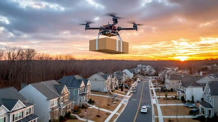 Drone Delivery in Suburbia: A state-of-the-art drone effortlessly navigates a suburban landscape, carrying a package, illustrating the future of delivery technology, with a sunset in the background. - Powered by Adobe