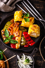 Assortment of grilled bbq meat and vegetables