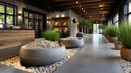 Modern interior design featuring spacious lobby with decorative stone planters, lush greenery, and natural materials