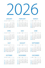 Calendar 2026 - illustration. Week starts on Sunday