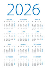 Calendar 2026 - illustration. Monday to Sunday
