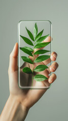 Hand Holding Transparent Phone with Green Leaf