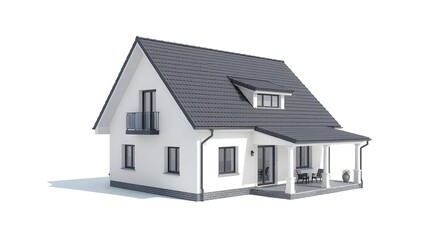 Modern white house with dark gray roof and balcony on white background