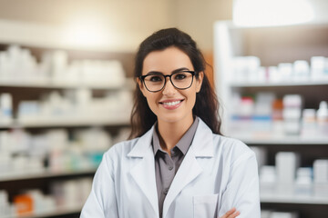 female pharmacist happy stands in pharmacy at blurred background
