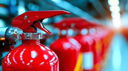 Row of red fire extinguishers lined up in safety equipment area, ready for emergency use and ensuring fire safety