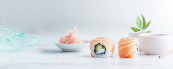 Sushi preparation event modern kitchen food photography minimalist environment close-up view culinary art
